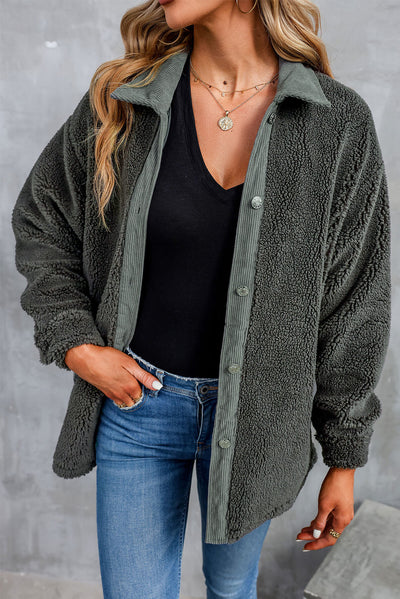 Gray Corduroy Trim Elbow Patch Sherpa Jacket-Outerwear-MomFashion