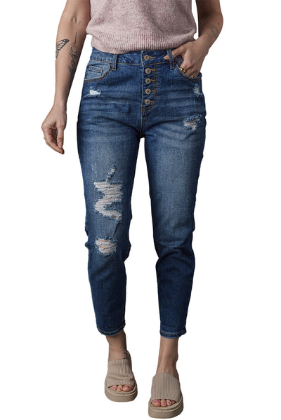 Blue Distressed Button Fly High Waist Skinny Jeans-Bottoms-MomFashion