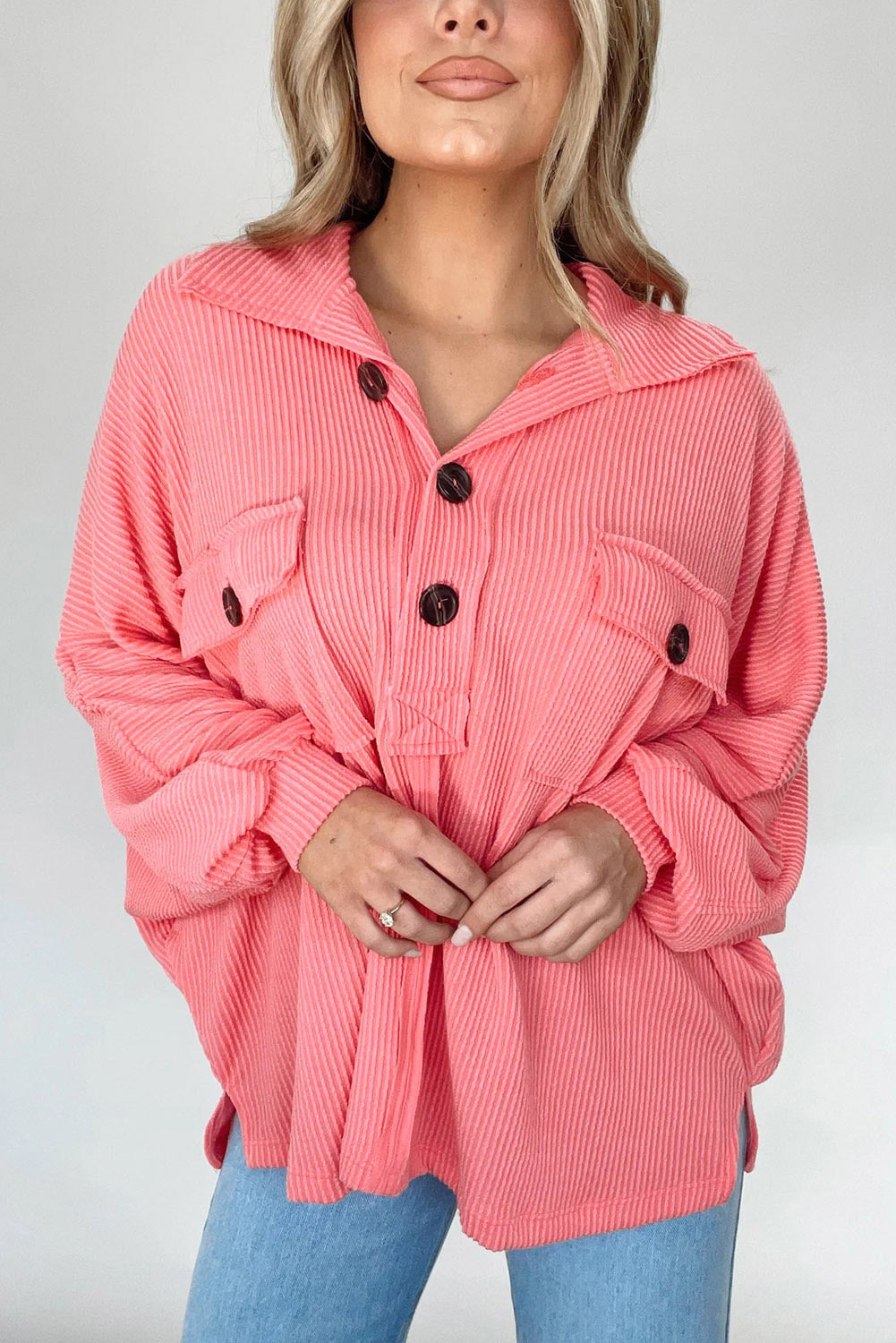 Pink Corded Flap Pocket Henley Top-Tops-MomFashion