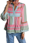 Multicolour Boho Geometric Print Split Neck Ruffle Blouse-Tops-MomFashion