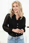 Black V-Neck Long Sleeve Button Up Lace Shirt-Tops-MomFashion