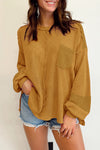 Exposed Seam Patchwork Bubble Sleeve Waffle Knit Top-Tops-MomFashion