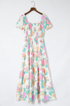 Multicolor Square Neck Puff Sleeve Tiered Floral Maxi Dress-Dresses-MomFashion