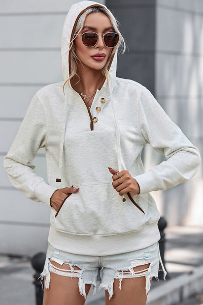 Beige Drawstring Kangaroo Pocket Henley Hoodie-Tops-MomFashion