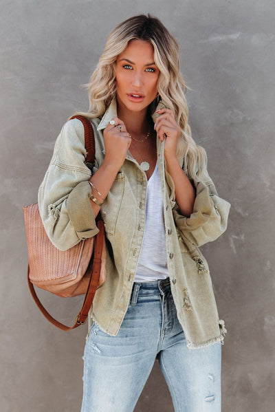 Green Distressed Fringe Trim Denim Jacket-Outerwear-MomFashion