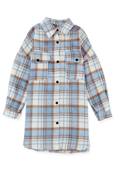 Sky Blue Plaid Flap Pocket Long Sleeve Shacket-Outerwear-MomFashion