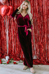 Fiery Red Velvet Pocketed Cut out Back Wide Leg Jumpsuit-Bottoms-MomFashion