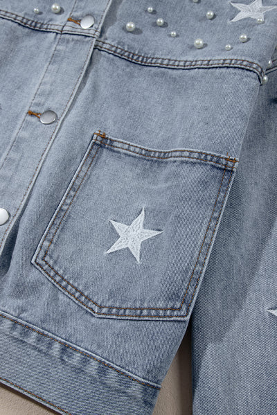 Sky Blue Distressed Pearls Star Cropped Denim Jacket-Outerwear-MomFashion