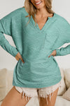 Green Textured Split Neck Long Sleeve Top-Tops-MomFashion