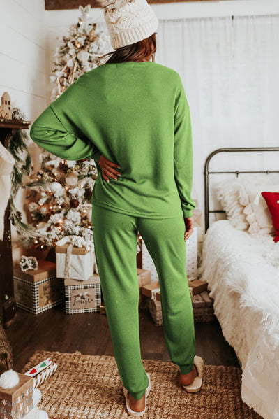 Spinach Green Long Sleeve Pullover and Jogger Pants Lounge Set-Loungewear-MomFashion