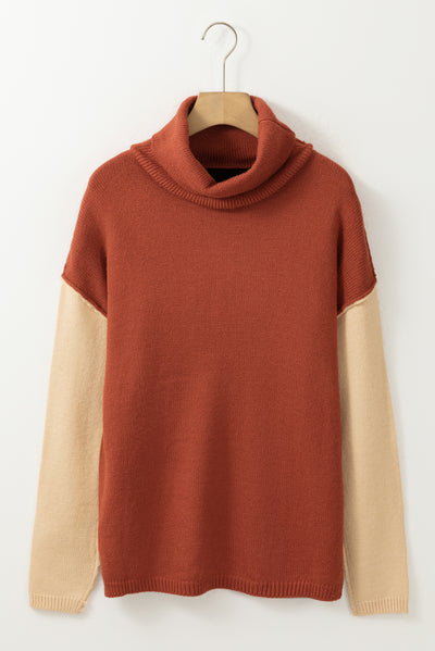 Clay Red Color Block Turtle Neck Drop Shoulder Knit Sweater-Tops-MomFashion