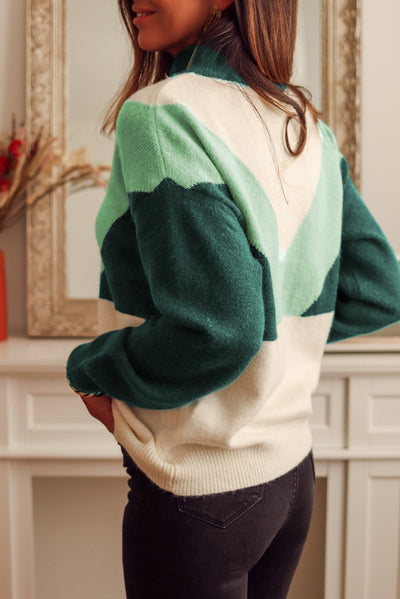 Green Geometric Color Block Knit Button V Neck Sweater-Tops-MomFashion