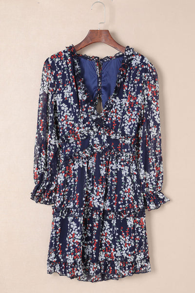 Blue Ruffle Detailing Open Back Floral Dress-Dresses-MomFashion