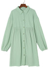 Green Patchwork Crinkle Puff Sleeve Shirt Dress-Dresses-MomFashion