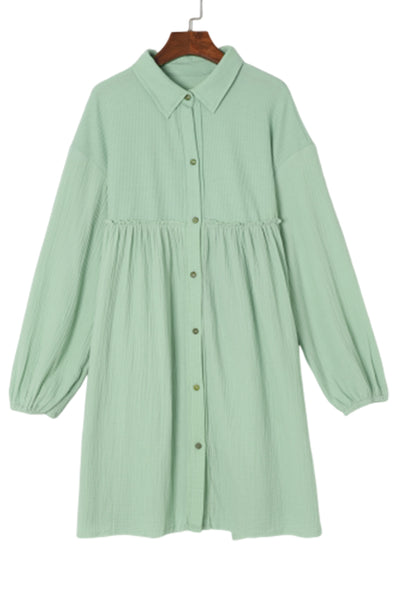 Green Patchwork Crinkle Puff Sleeve Shirt Dress-Dresses-MomFashion