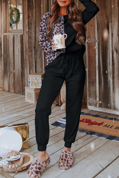 Black Contrast Leopard Long Sleeve Pullover and Joggers Outfit-Loungewear-MomFashion