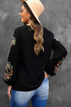 Black Floral Embroidery Long Sleeve Top-Tops-MomFashion