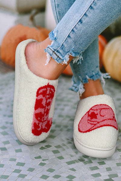 Racing Red Western Graphic Embroidered Sherpa Home Slippers-Shoes & Bags-MomFashion