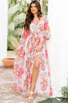 Tropical Plant Print Long Sleeve Wrap V-Neck Slit Maxi Dress-Dresses-MomFashion