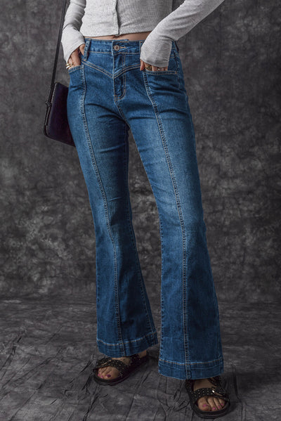 Blue High Waist Seam Stitching Pocket Flare Jeans-Bottoms-MomFashion