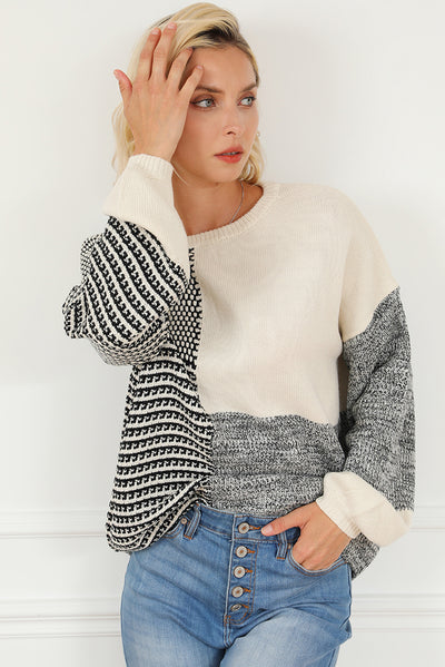 Black Neutral Colorblock Tie Back Sweater-Tops-MomFashion