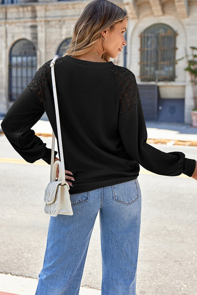 Black Lace Long Sleeve Textured Pullover-Tops-MomFashion