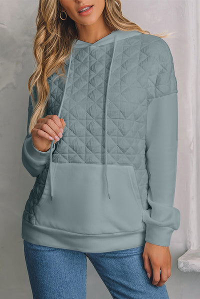 Light Grey Drop Shoulder Quilted Patchwork Kangaroo Pocket Hoodie-Tops-MomFashion