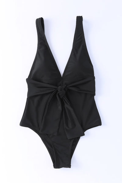 Black Deep V Neck Tie Waist One-piece Swimsuit-Swimwear-MomFashion