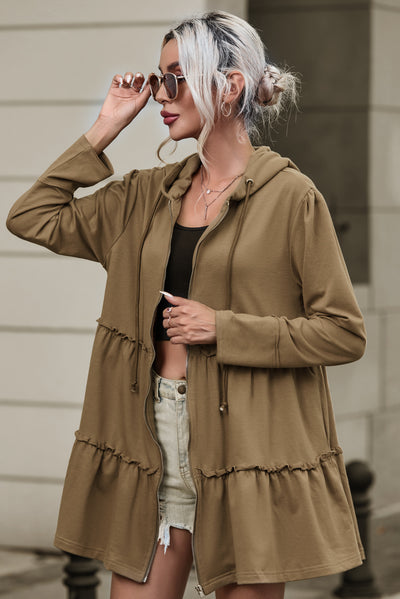 Khaki Tiered Ruffled Zip-Up Drawstring Hooded Jacket-Outerwear-MomFashion