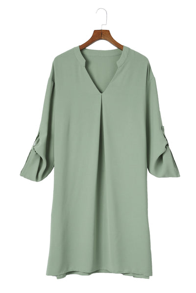 Green Roll-tab Sleeve Flowy Casual Dress-Dresses-MomFashion