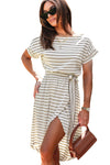 Khaki Stripe Short Sleeve Belted Wrapped Hemline T-Shirt Dress-Dresses-MomFashion