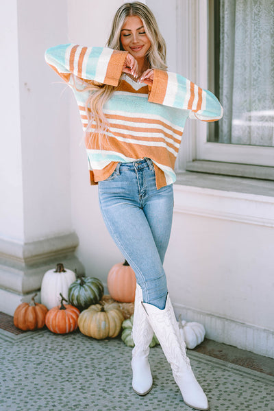 Multicolor Colorblock Stripe Long Sleeve Split Sweater-Tops-MomFashion