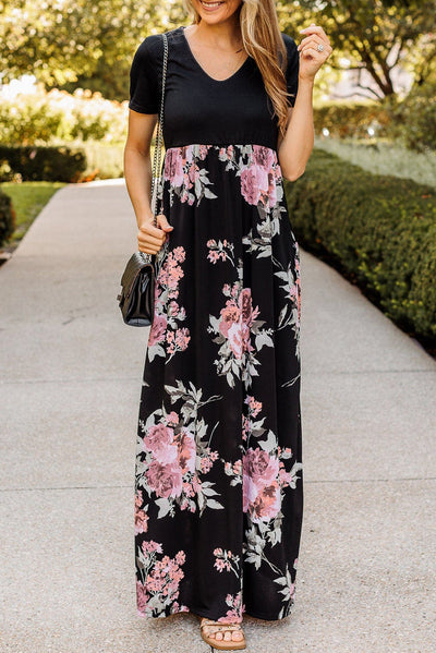 Black Contrast Floral Empire Waist Maxi Dress-Dresses-MomFashion