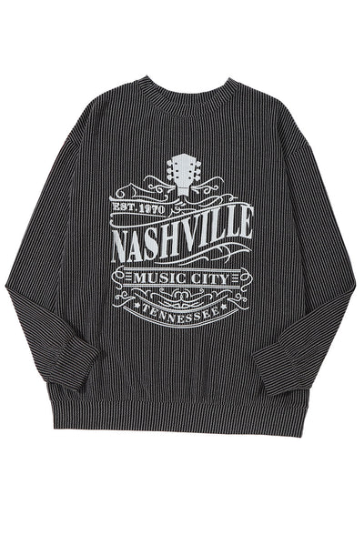 Black NASHVILLE MUSIC CITY Corded Graphic Sweatshirt-Tops-MomFashion