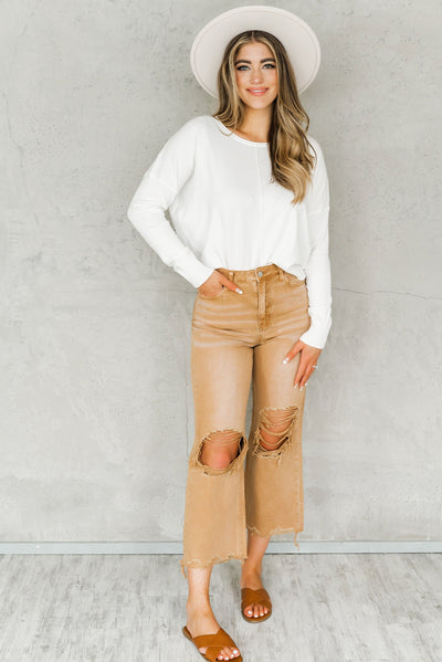 Brown Distressed Hollow-out High Waist Cropped Flare Jeans-Bottoms-MomFashion