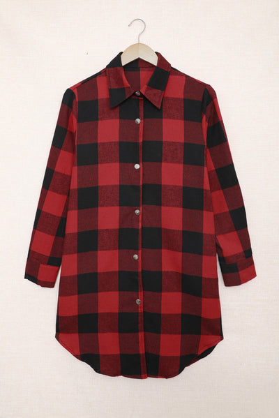 Fiery Red Turn-down Collar Plaid Shirt Coat-Outerwear-MomFashion