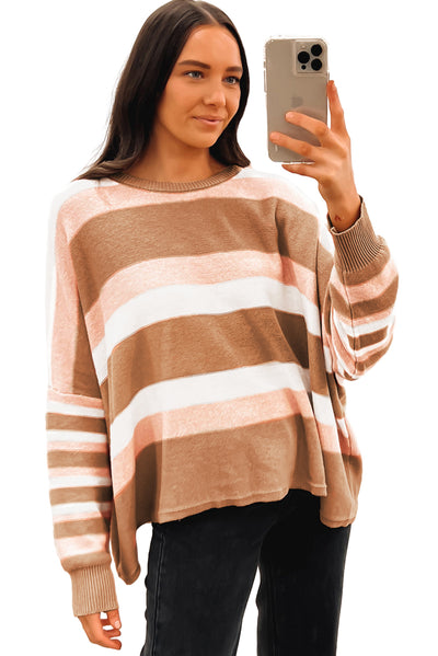 Multicolour Striped Knit Drop Shoulder Loose Sweater-Tops-MomFashion