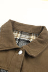 Brown Plaid Patchwork Pockets Denim Jacket-Outerwear-MomFashion