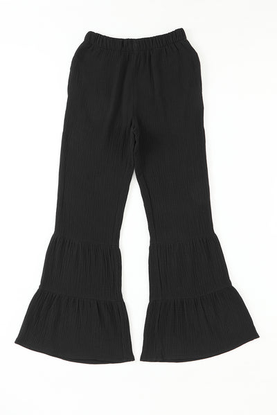 Black Textured High Waist Ruffled Bell Bottom Pants-Bottoms-MomFashion