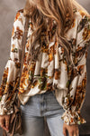 Apricot Gorgeous Floral Split Neck Flounce Sleeve Blouse-Tops-MomFashion