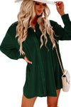 Blackish Green Velvet Button Front Shirt Mini Dress-Dresses-MomFashion