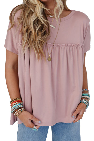 Light Pink Ruffled Trim Loose Babydoll Tee-Tops-MomFashion