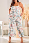 White Plus Size Floral Print Sleeveless Wide Leg Jumpsuit-Plus Size-MomFashion