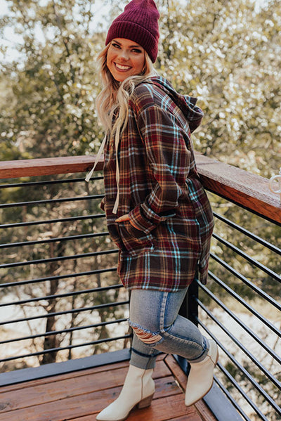 Red Plus Size Plaid Kangaroo Pocket Drawstring Hoodie-Plus Size-MomFashion