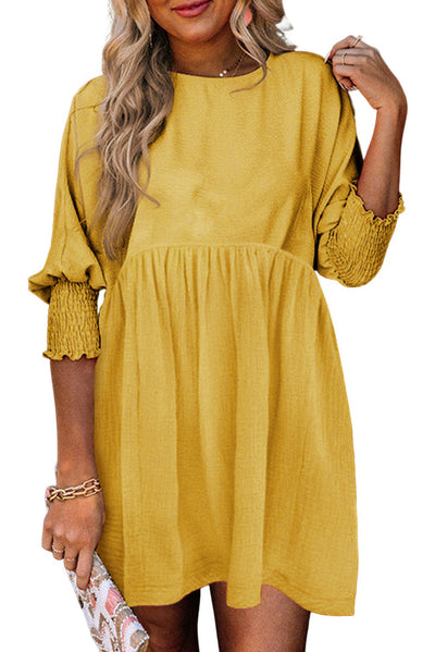 Yellow Solid Shirred Cuffs Short Swing Dress-Dresses-MomFashion