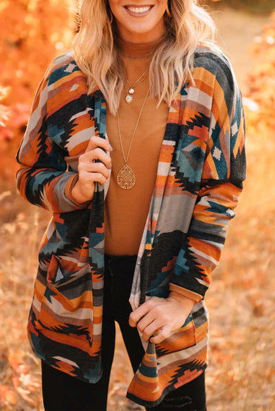 Orange Western Tribal Aztec Print Cardigan-Tops-MomFashion