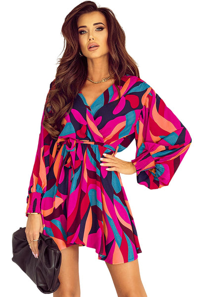 Fiery Red Abstract Printed Belted Puff Sleeve Mini Dress-Dresses-MomFashion