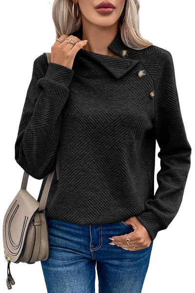 Black Asymmetric Buttons Detail High Neck Textured Sweatshirt-Tops-MomFashion