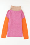 Khaki Color Block Turtle Neck Drop Shoulder Knit Sweater-Tops-MomFashion