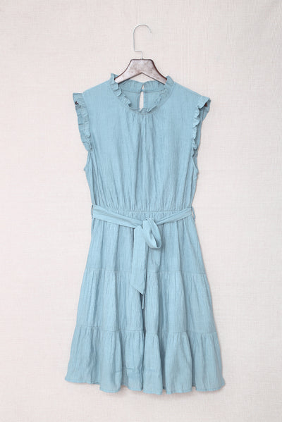 Sky Blue Frilled Neck Sleeveless Tiered Tulle Dress-Dresses-MomFashion